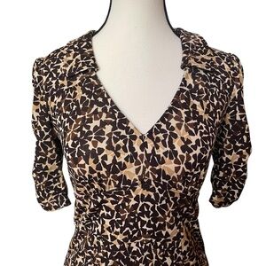 Nanette Lepore Brown/Cream Floral Abstract Ruched Fit Flare Shirt‎ Dress SZ 4